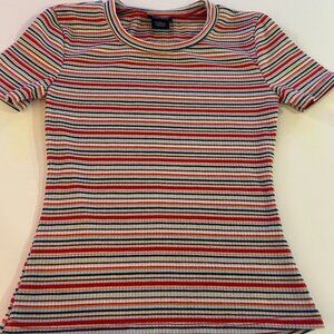 Rue 21 red multi striped ribbed fitted short sleeve t-shirt, XS